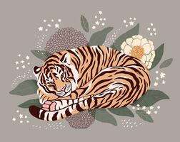 de tiger lögner ringlad upp bland de löv och blommor. skön modern vektor illustration för vykort, baner, affisch, bok eller några design. isolerat förbi skikten.