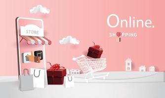 Online-Shopping auf Telefonpapierkunst moderne rosa Hintergrundgeschenkbox vektor