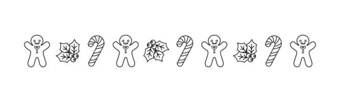 Weihnachten thematisch dekorativ Rand und Text Teiler, Lebkuchen Kekse und Süßigkeiten Stock Muster Gliederung Gekritzel. Vektor Illustration.