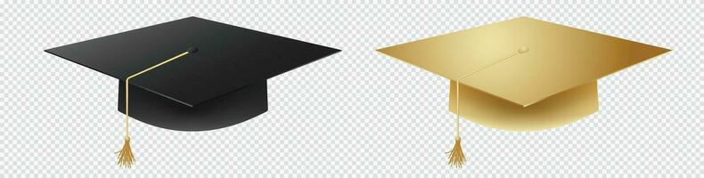 Absolventen schwarz und golden 3d Deckel. Bildung festlich Abschlussball Kopfbedeckungen zum Hochschulen und Akademien mit Zeremonie Verleihung wissenschaftlich Vektor Grad