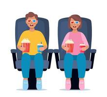 Kinder Aufpassen Film mit 3d Brille. Limonade und Popcorn im Kinder Hände. Kino Theater Unterhaltung zum Kinder. Vektor Illustration.