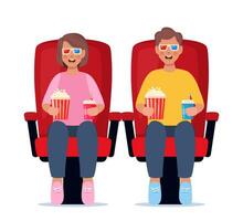 Kinder Aufpassen Film mit 3d Brille. Limonade und Popcorn im Kinder Hände. Kino Theater Unterhaltung zum Kinder. Vektor Illustration.