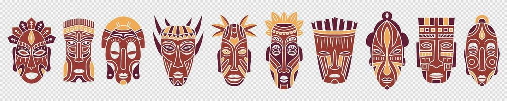 afrikansk ritual totem masker uppsättning. voodoo huvud av gammal ursprunglig gudar för ritualer med prydnad av skydd från ondska krafter och ceremoniell vektor danser