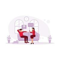 ein jung verheiratet Paar sitzt auf das Sofa, reden während spielen auf ihr Zelle Telefon. virtuell Beziehungen Konzept. Trend modern Vektor eben Illustration