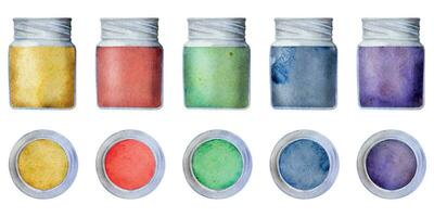 Aquarell Hand gezeichnet Illustration, Kinder Kinder Farbe Materialien Lieferungen, mischen Farbe Flasche, Seite und oben Aussicht Schreibwaren. Single Objekt isoliert auf Weiß. zum Schule, Geschäft, Party, Karten, Webseite vektor