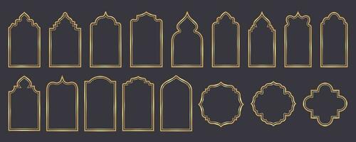Ramadan Fenster Rahmen Formen. islamisch golden Bögen. Muslim Moschee Elemente von die Architektur mit Ornament. Türkisch Tore und Türen Satz. Vektor