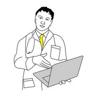 Linie Kunst Zeichnung von jung männlich Arzt Computer Gesundheit prüfen mit ein Laptop. vektor