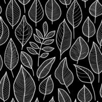 Blumen- Blatt Muster, Weiß Gliederung Zeichnung auf schwarz Hintergrund, wiederholen kompliziert Linie Kunst, Hintergrund Design zum Drucken auf Mode Textil, Stoff, Verpackung Papier, Verpackung und andere vektor