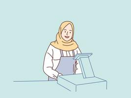 lächelnd Muslim Hijab Frau Kellnerin Kassierer nehmen bestellen von Kunde einfach Koreanisch Stil Illustration vektor