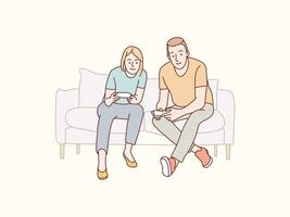 Paar glücklich spielen Spiel mit Joystick auf Sofa einfach Koreanisch Stil Illustration vektor