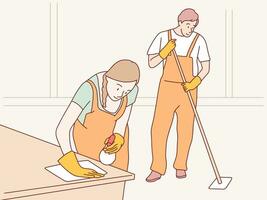 kvinna och man rengöring service med professionell Utrustning under arbete enkel koreanska stil illustration vektor