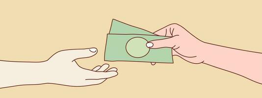 närbild händer ger kontanter pengar enkel koreanska stil illustration vektor