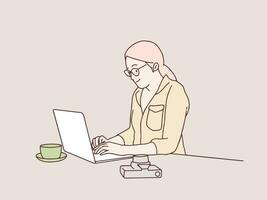 weiblich Mitarbeiter Arbeiten beim Schreibtisch mit Laptop einfach Koreanisch Stil Illustration vektor