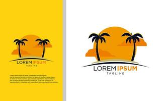 tropisch Paradies Emblem mit Palme Bäume und Sonnenuntergang, Vektor Logo Vorlage, isoliert auf Weiß Hintergrund, Kopieren Raum.