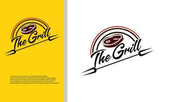 Grill Räucherei Grill Grill Bar und Grill Logo Design mit Gabel und Feuer vektor