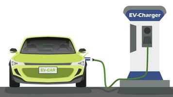 elektrisch Fahrzeug Vorderseite von Gelb Auto Laden Parkplatz beim das Ladegerät Bahnhof mit ein Stecker im Kabel. Laden im das neben von Auto zu Batterie. isoliert eben Vektor Illustration auf Weiß Hintergrund.