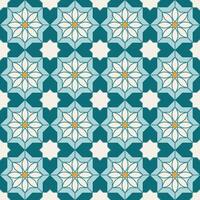 Arabisch geometrisch Mosaik druckbar nahtlos Muster mit abstrakt marokkanisch drucken im Blau und Orange Farben. Ramadan kareem traditionell islamisch Kunst Illustration Hintergrund vektor