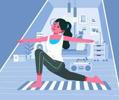 jung gesund Frau tun Yoga beim Zuhause im Leben Zimmer, mit Yoga Matte und Haus Innere im das Hintergrund Vektor Illustration