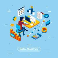 modern isometrisk design begrepp av data analys för hemsida och mobil Ansökan. man arbetssätt på skrivbord med dator med diaragam, data, kalkylator, fil element vektor illustration