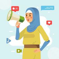 muslim hijab ung flicka innehav megafon skrikande högt tillkännager social media befordran reklam begrepp vektor