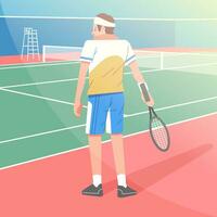 manlig tennis spelare med racket på de kant av de tennis domstol, modern platt illustration karaktär vektor
