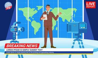 Nachrichten Anker Berichterstattung im Fernseher Studio Moderatoren auf Sockel mit Welt Karte Hintergrund vektor
