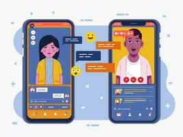 social media dejting app illustrerade med Foto av ung män och kvinnor i de telefon med många kommentar och gillar vektor