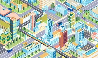 isometrisk 3d stad illustration, megapholitan stad med modern byggnad, vägar, och transport vektor