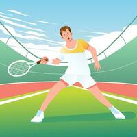 män spelar tennis i de utomhus- domstol i en solig dagar platt vektor illustration