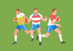 rugby sport spelare i verkan uppsättning bärande boll och springa sprit vektor