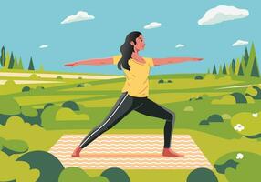 en kvinna håller på med yoga övningar på utomhus, använder sig av yoga matt och skön landskap i de bakgrund vektor