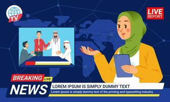 Nachrichten Frau Hijab Muslim Anker Rundfunk- das Nachrichten Geschäft Zusammenarbeit Arbeiten im Nachrichtenredaktion mit Welt Karte Hintergrund vektor