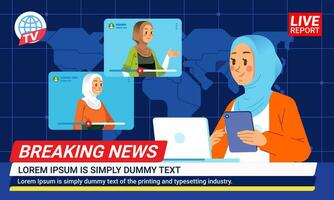 Nachrichten Frau Hijab Muslim Anker Rundfunk- das Nachrichten mit ein Reporter Leben auf Bildschirm Ansager Arbeiten im Nachrichtenredaktion mit Welt Karte Hintergrund vektor