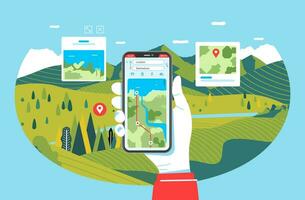 telefon app för reser och vandring, hand illustration innehav telefon med natur landskap i de bakgrund vektor