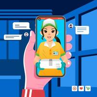 Lieferung bestellen App auf Smartphone, Kurier Mädchen Senden Paket zu Kunde, Mädchen tragen Hut und Handschuhe bringen Box vektor
