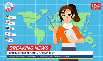 TV ankare kvinna läsare på en tv program rapportering Nyheter med värld Karta infographic bakgrund vektor