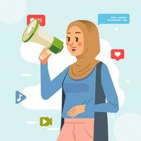 muslim brun hijab ung flicka innehav megafon skrikande högt tillkännager social media befordran reklam begrepp vektor
