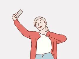 porträtt av ett attraktiv ung kvinna tar en selfie på en smartphone isolerat koreanska enkel stil illustration vektor