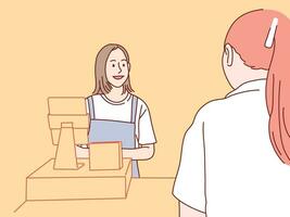 leende kvinna servitris kassör tar beställa från kund enkel koreanska stil illustration vektor