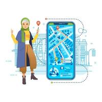 online Transport Smartphone Anwendung benutzt durch stilvoll Hijab Frauen Vektor Illustration