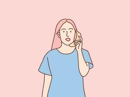 komisch Mädchen halt Banane Telefon halten ein Obst wie ein Telefon einfach Koreanisch Stil Illustration vektor