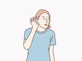 kvinna med hand över öra lyssnande ett hörsel till rykte eller skvaller enkel koreanska stil illustration vektor