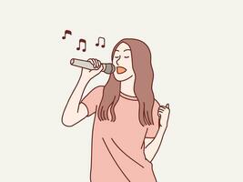 Lycklig exits eleganta ung kvinna har roligt sjunga en låt till mikrofon enkel koreanska stil illustration vektor