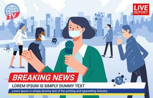 Nyheter ankare med medicinsk mask rapportering spridning pandemi i stad stad presentatörer på brytning Nyheter vektor