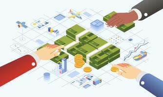 Investition Fonds zum wirtschaftlich Entwicklung illustriert mit Hand halten Geld, Gebäude , Flugzeug, Diagramm im die Info Grafik vektor