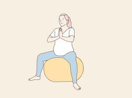 gravid kvinna håller på med yoga på sudd boll enkel koreanska stil illustration vektor