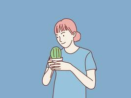 Frau halten Pflanze Kaktus glücklich posieren einfach Koreanisch Stil Illustration vektor
