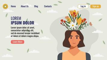 eben Design Webseite Landung Seite Vorlage mit ein Porträt von ein Frau mit ein Strauß von Blumen. mental Gesundheit Konzept. Vektor Illustration.
