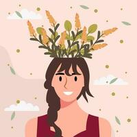 eben Design Vektor Illustration Konzept von Frau mit Blumen im ihr Kopf.