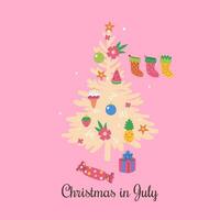 rosa tropisk jul kort med dekorerad jul träd. vektor grafik.